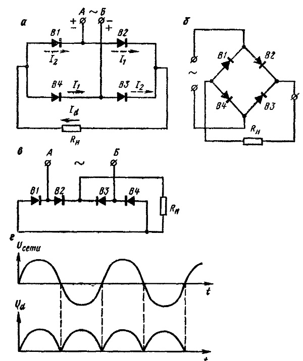 Лифтовая двухполупериодная электросхема выпрямления переменного тока впостоянный