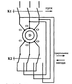 Схема переключения двигателя со звезды на треугольник